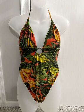 ZARA Tropical Print Halter One-Piece Swimsuit in Orange and Green Size S